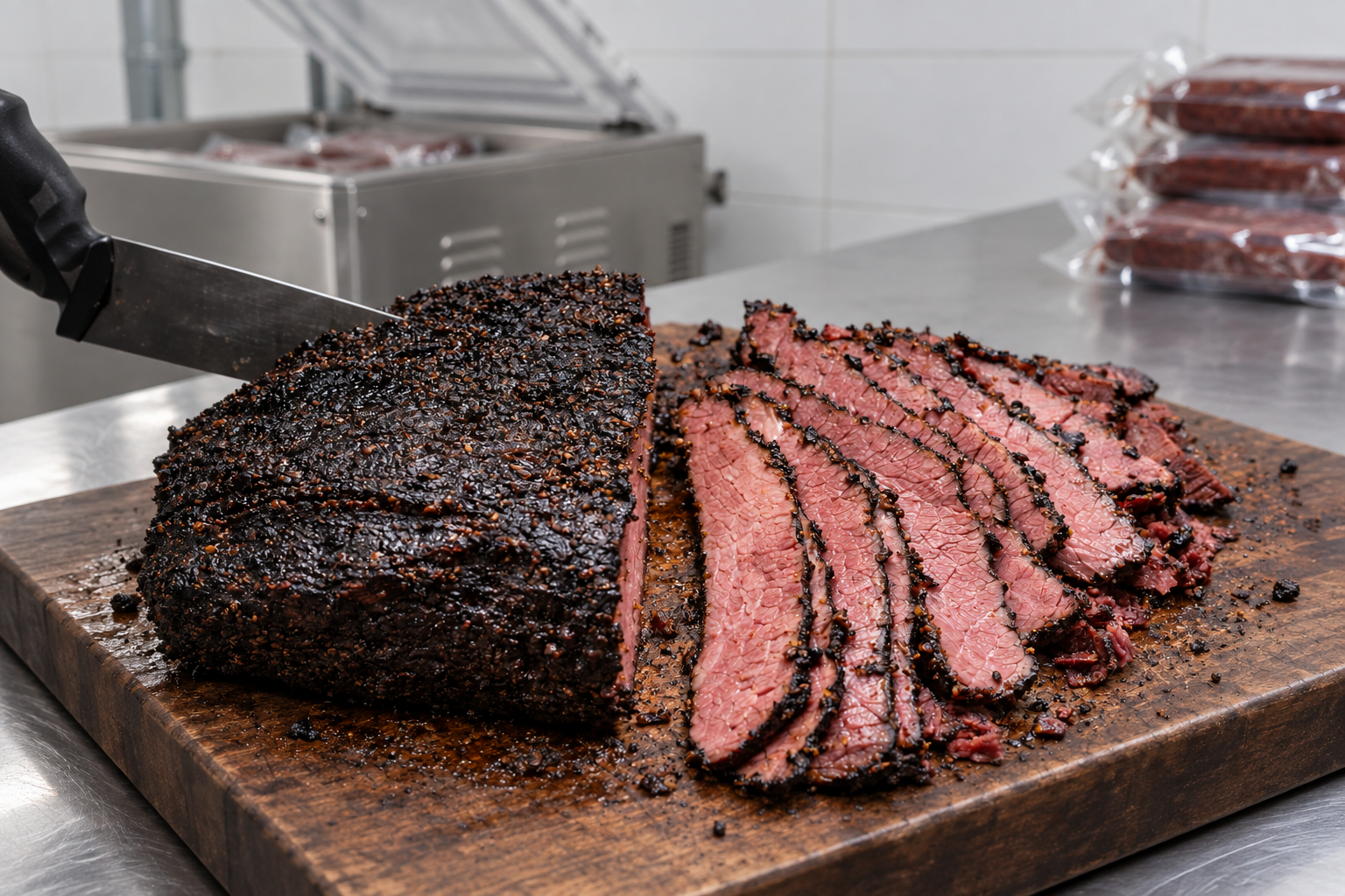 Pastrami Smoke Ring inteiro e fatiado na área de produção da fábrica